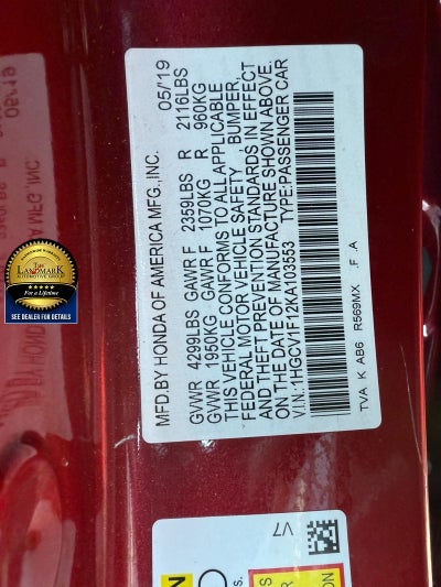 2019 Honda Accord Sedan LX 1.5T CVT